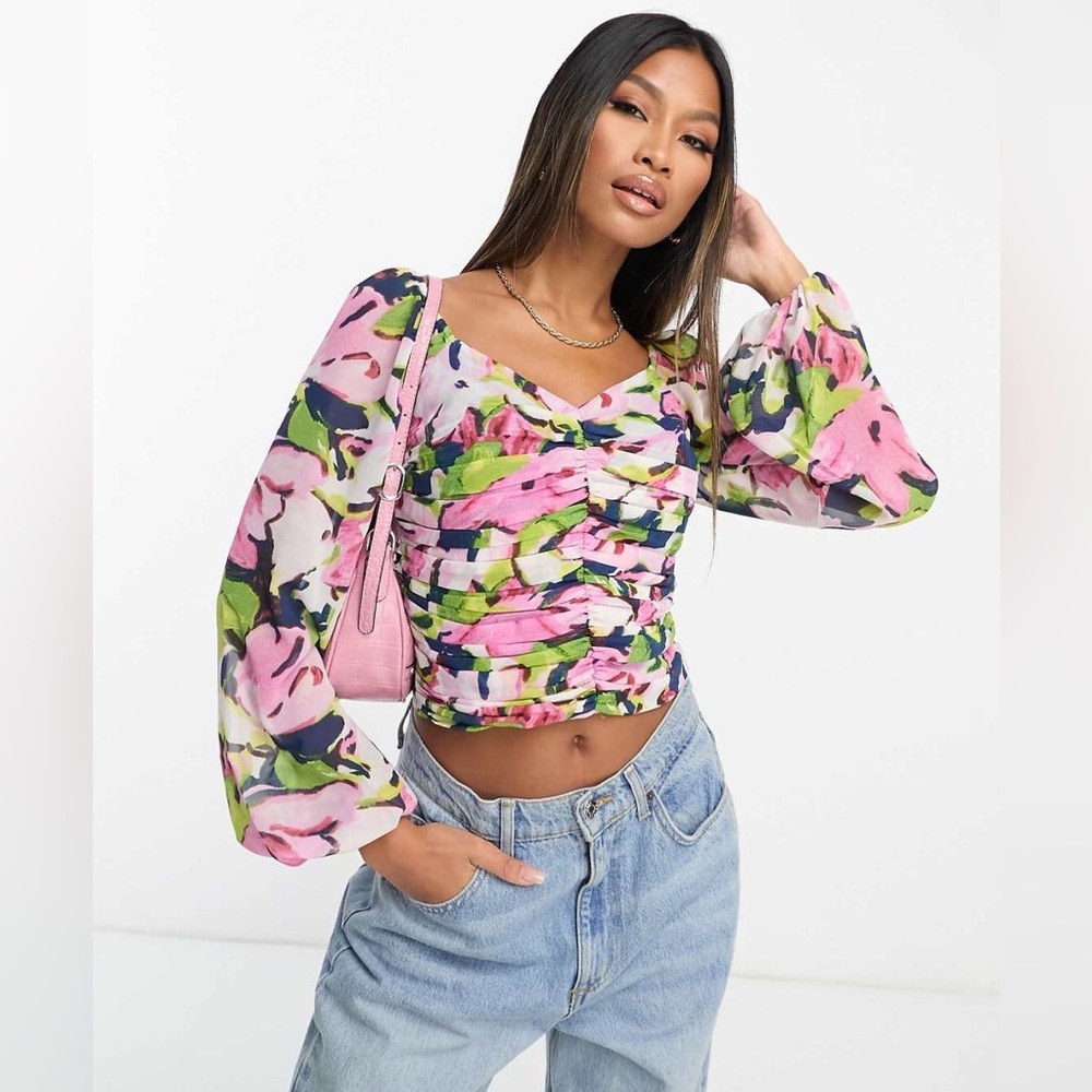 Crop Top Sweetheart Neckline Long Sleeves Pink‎ Floral Women's Small Festival